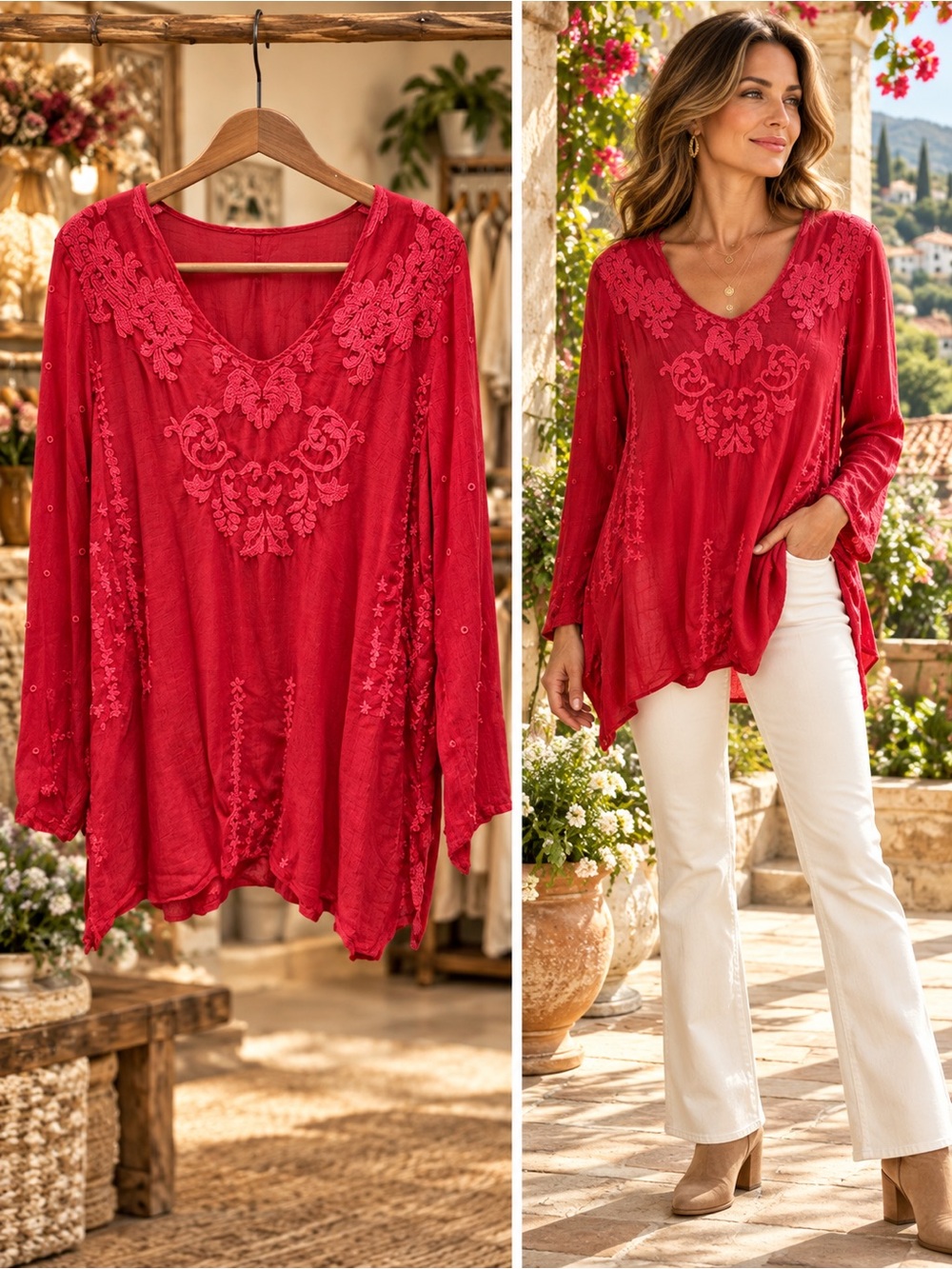 Johnny Was Arlene Applique Tunic in Strawberry Red